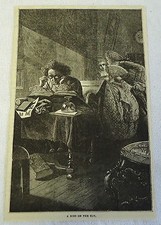 1882 magazine engraving ~ A KISS ON THE SLY ~ father reads about butterflies 