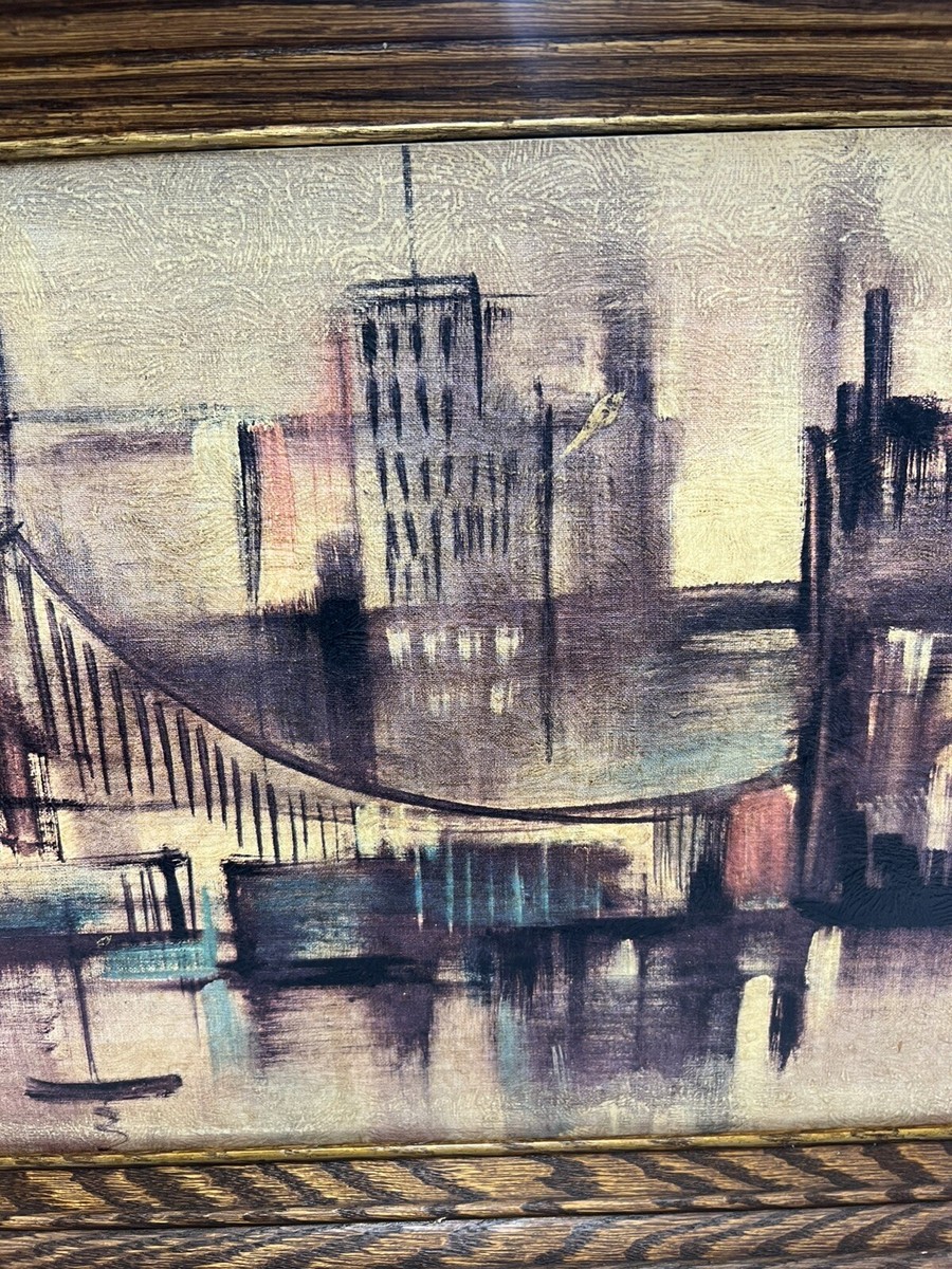 Vintage Ozz Franca Print Waterfront Bridge Cityscape Skyline