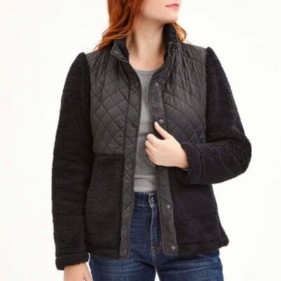 Steve Madden Quilted Fleece Snap Up Jacket in Black Size Medium