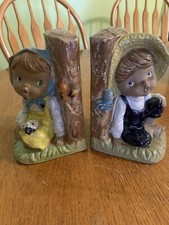 Adorable Vintage Book Ends Boy And Girl Sitting Against A Tree Great Condition