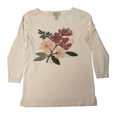 Loft Sweater Womens Small Lightweight Floral Embroidered Stitched Design Cotton