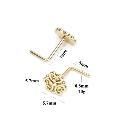 Borchie naso a forma di L oro giallo 14K stile indiano, gioielli setto, orecchini a borchie - Foto 3 di 5