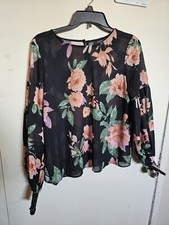 VICI Womens Small Black Pink Floral Balloon Sleeve V Neck Pullover Blouse M