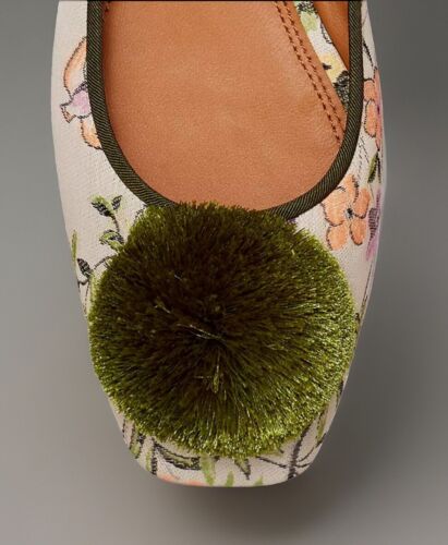 TORY BURCH POM POM BALLET FLAT SLIPPER JACQUARD WINTER SAGE BROCADE SZ 8.5 NIB - Picture 4 of 12