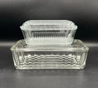 VTG Federal Clear Glass Ribbed Refrigerator Clear Dish w/ Lid Vegetable Set Of 2