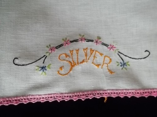 Vintage Silber Stickerei Geschirrtuch Emb Blumen Handtuch TW162 - Bild 4 von 12