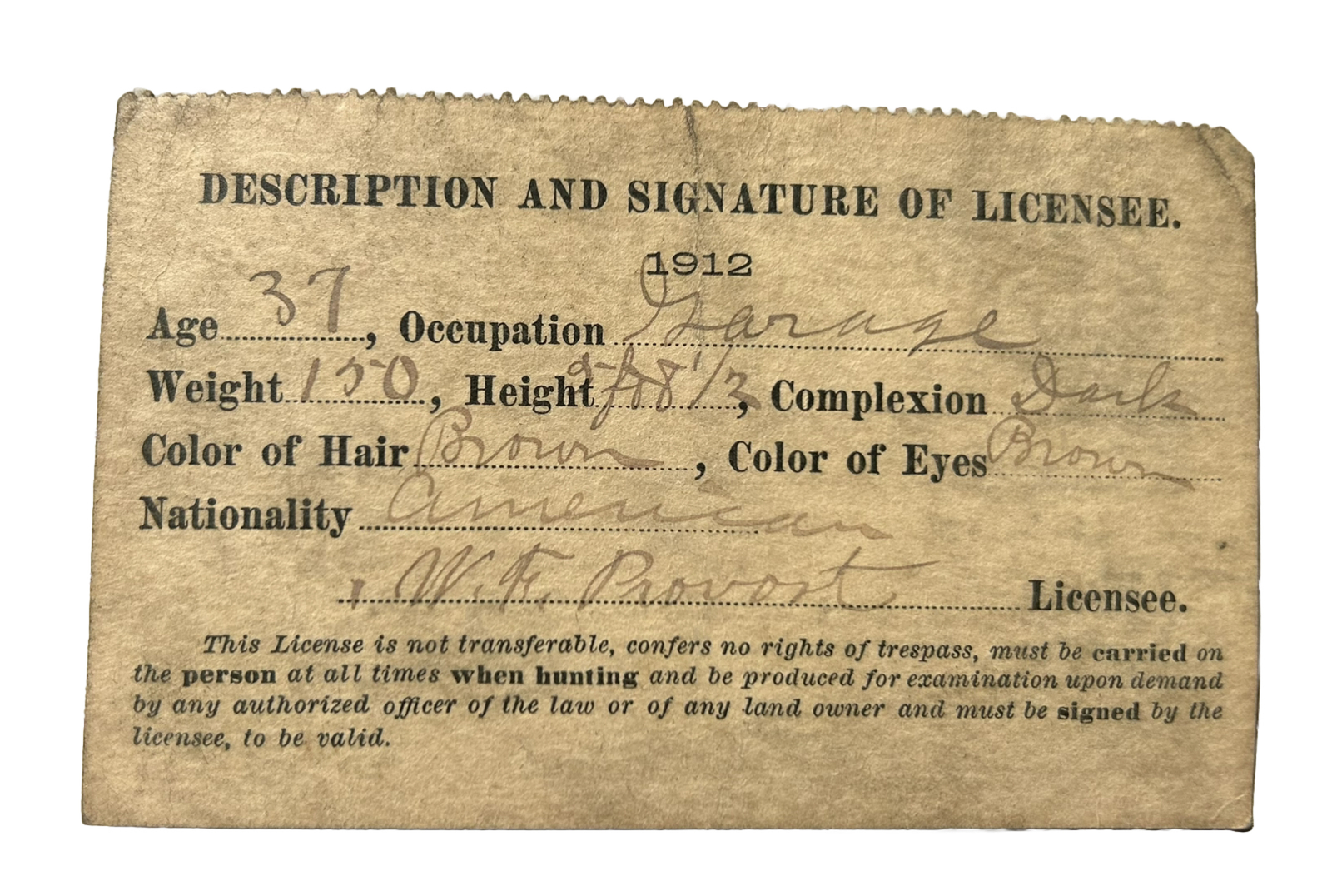 1912 CT Connecticut Hunting License Canton Original RARE Garage Owner