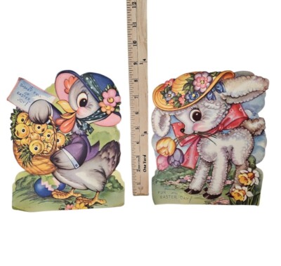 Vintage Easter Card Mechanical Chicken Lamb Moveable Stand up Retro Card 9'' Tall