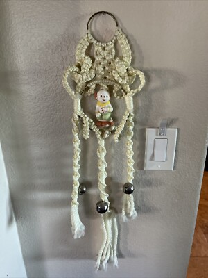 Vintage Macrame Clown Wall Hanging W/ Cream Yarn & Three Bells