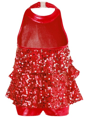 Kids Girls Halter Neck Shiny Sequins Tiered Dress Modern Jazz Latin Dancewear - 第 51/95 張圖片