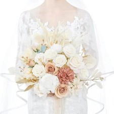 Artificial Rose Bridal Bouquet Ribbon Beaded Wedding Handheld Prop Decoration
