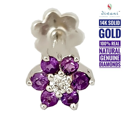 Natural Amethyst & Diamond Flower Nose Lip Labret Piercing Screw Ring Pin Stud - Picture 2 of 13