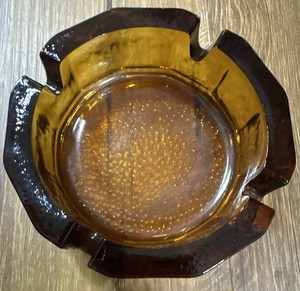 Vintage Glass Ashtray Mid Century Blenko Honey Amber Gold Pebbled Thick 4 Inch