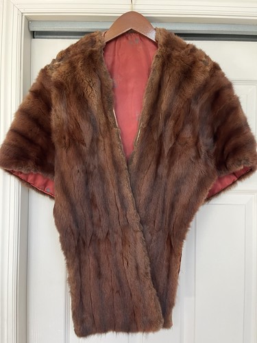 Vintage Women's Brown Genuine Fur Mink Stole Wrap Embroidered Lining