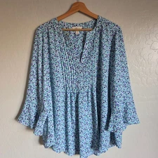 Style & Co Pleated Bell Sleeve Split V-Neck Tunic Top Blue/Purple Floral Size 2X