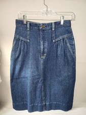 Vtg 90s High-Waisted Denim Midi Skirt Straight Front Pleats Pockets Cheryl Tiegs