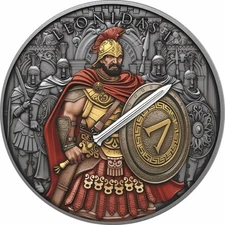 Leonidas Legendary Warriors 1 oz Pure Silver Antique Finished Coloured Coin USA