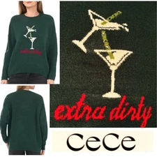 NWT CeCe “Extra Dirty” Bedazzled Martini Sweater M,L,XL,XXL Green VERY OVERSIZED