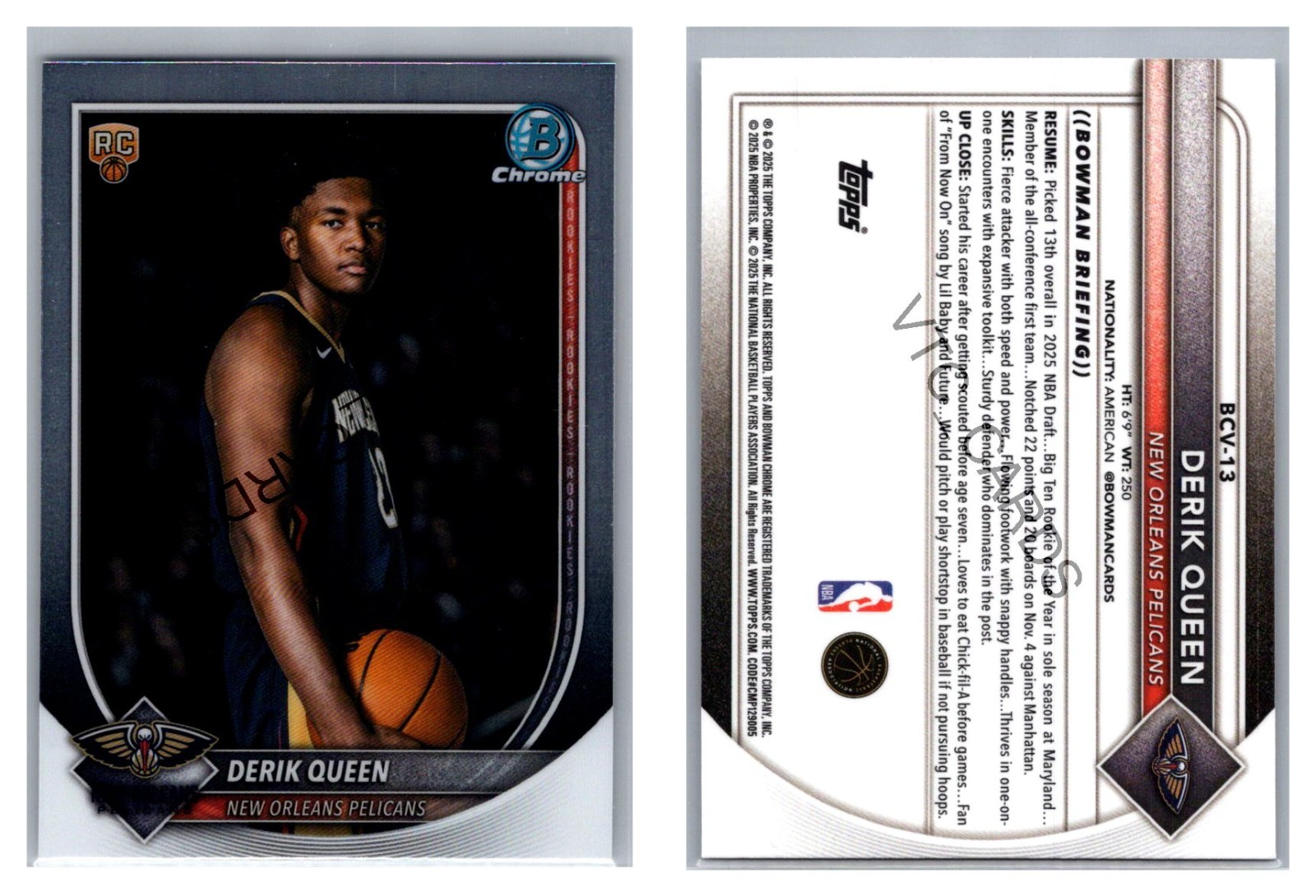 Derik Queen RC 2025-26 Bowman Chrome Basketball #BCV-13 New Orleans Pelicans