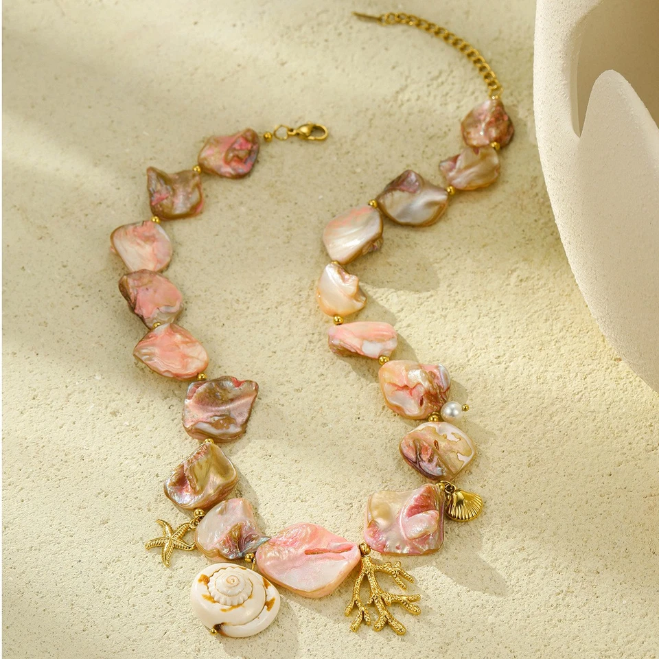 Collar Grueso Rosa Concha Playa Coral Colgante Boho Joyería Regalo para Mujer Foto 2 de 4