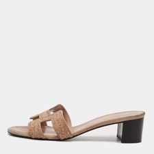 Hermes Oasis Size 39 Orange Suede Crystal Embellished Slide Sandals