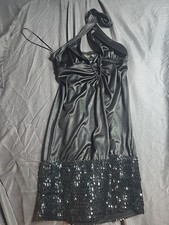 Guess Jean Halterneck Dress Satin Banded Sequins Hemmed Bottom Black Med Women