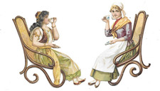 2 anciens chromos découpis Victorian scrap Tea time en rocking chair
