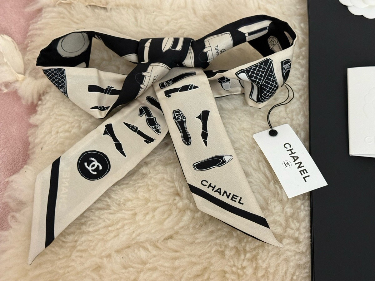 Chanel Black White Silk Scarf Slim Bandeau Brand New In Box Never