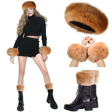 3 Pieces Faux Fur Headband Set Earmuff Hat Fuzzy Short Wrist Warmers Boot Cuf...