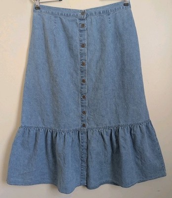 Vtg Boho Western Linen Blend Skirt Tiered Maxi Flounce Pull On Cottage Prairie 