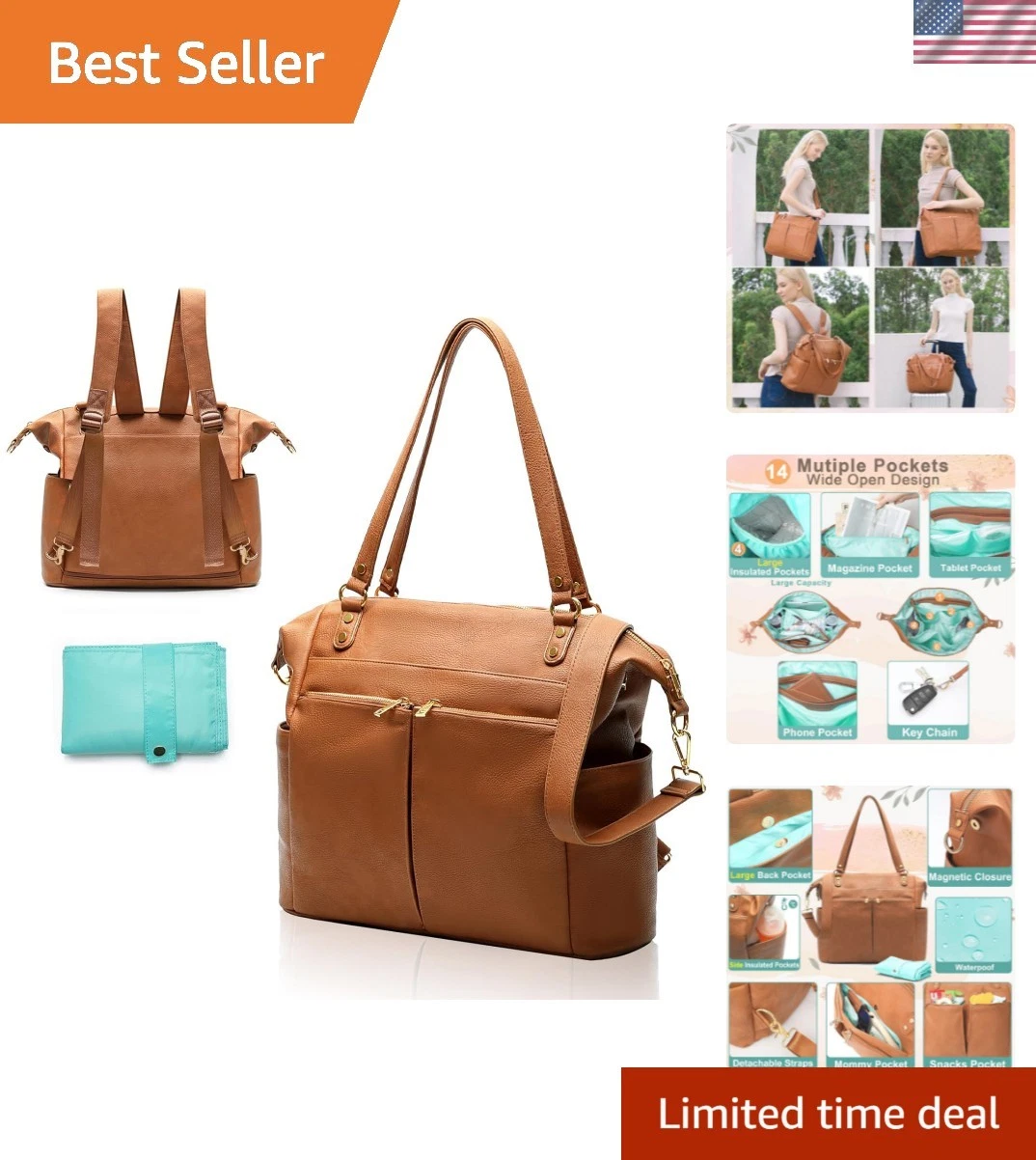 Elegant 4 in 1 Leather Diaper Bag Backpack - 13 Pockets, Waterproof & Stylish