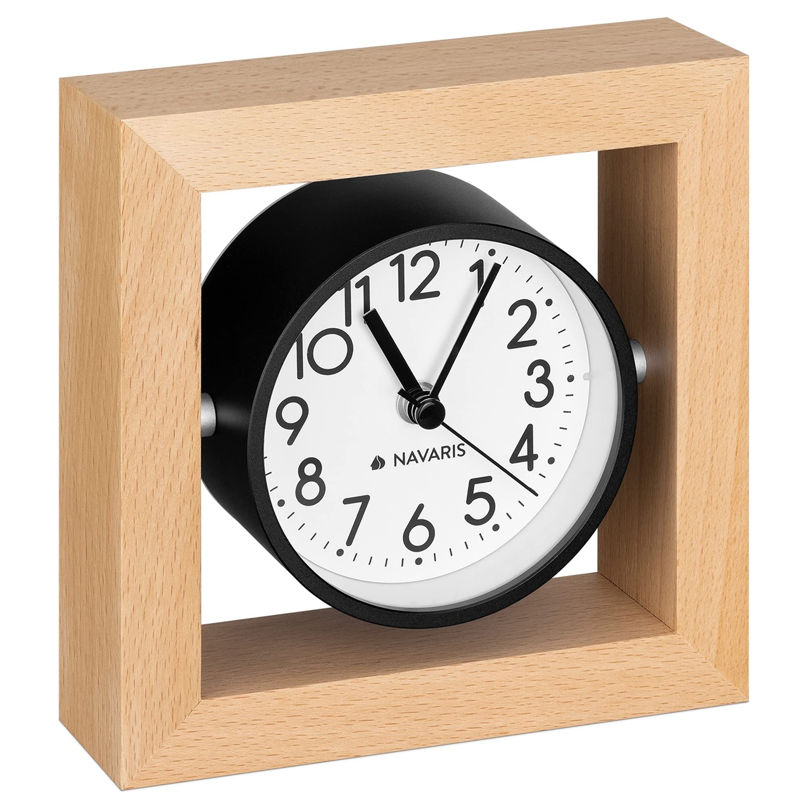 Navaris Analogue Wooden Clock - Square Wood Clock with Silent Movement for Desk,