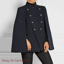 Mens Woolen Cloak Double Breasted Loose Fit Cape Stand Collar Trench Coat Unisex