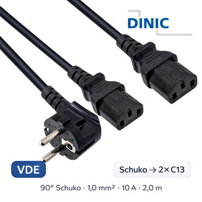 Y-Netzkabel CEE 7/7 90° 1,20m auf 2x C13 0,80m, 1mm², VDE, schwarz, Länge 2,00m