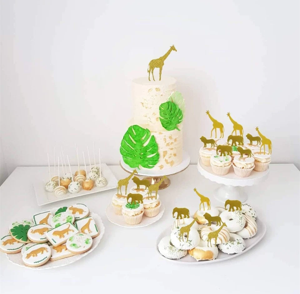 30 Piezas Oro Brillo Selva Safari Animal Cupcake Toppers Animales de la Selva Pastel Dec Foto 4 de 4