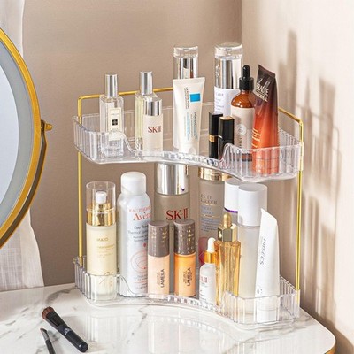 2-Tier Corner Cosmetic Organizer - Clear Shelves with Gold Hardware, Easy Ass...
