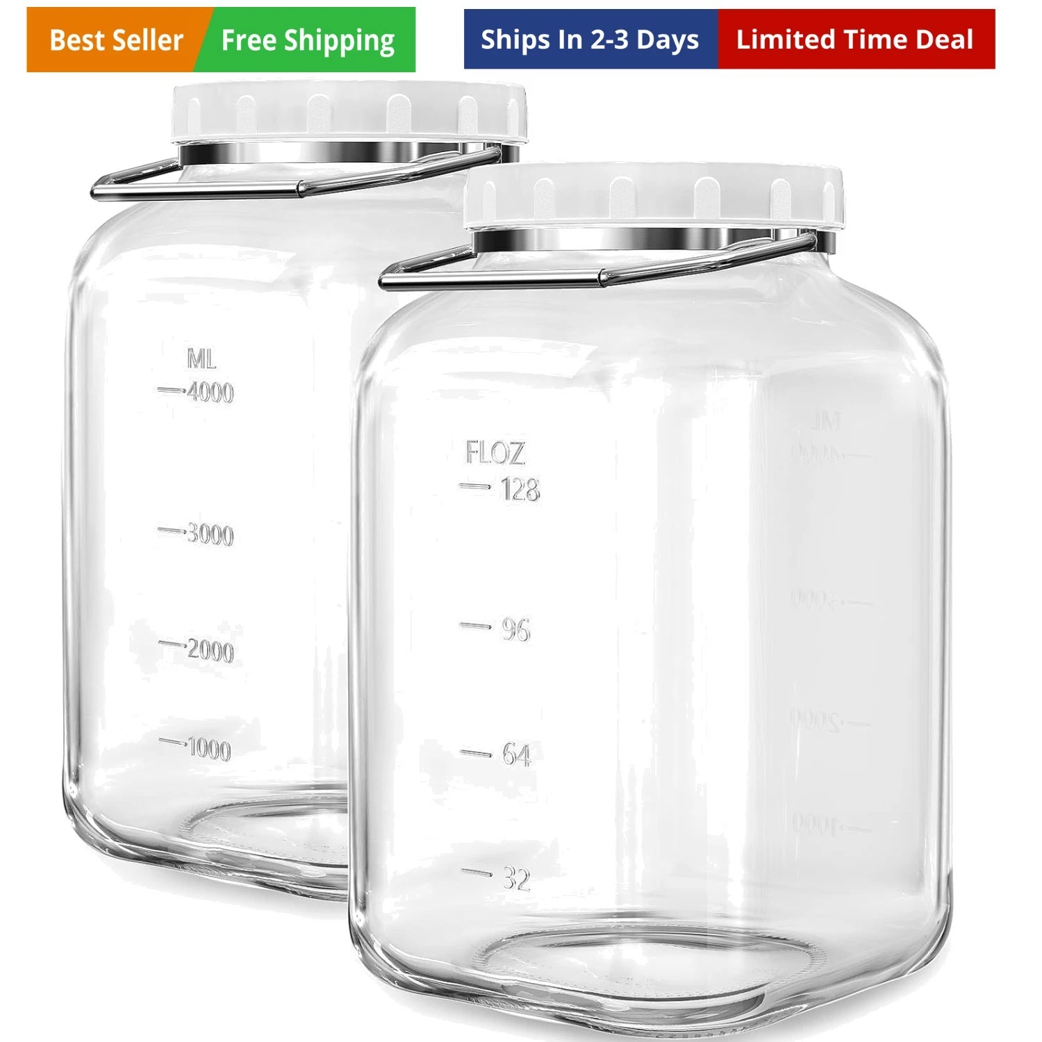 2 Pack 1.5 Gallon Wide Mouth, Large Mason Jar with Airtight Screw Lid and Han...