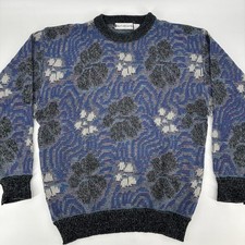 Vintage Saturdays Sweater Men Large Blue Pullover Floral Abstract Acrylic 90s