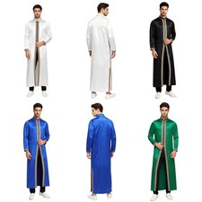 Men Gown Minister Muslim Robe Slit Hem Costume Preacher Thobe Brocade Mock Neck