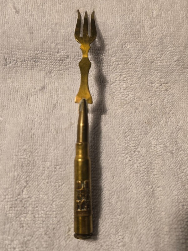 Vintage Trench Art Fork-Spent Brass Bullet With Reims Cathedral France Badge