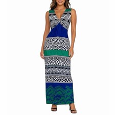 Chico’s Size 0 Blue Green Geometric Twist Front Stretch Maxi Dress XS Jersey 
