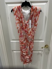 BCBG Maxazria Floral Dress Cap Sleeve V Neck Ruched Skirt Size S Easter NWT