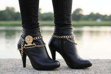 Women 2PCS Gold Metal Boot Chain Bracelet Shoe Anklet Flower Charm Wrap Around