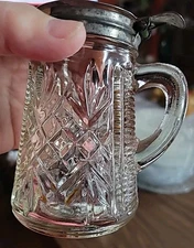 Vintage Diamond Fan & Horizontal Rib Syrup Pitcher W/ Metal Hinged Lid