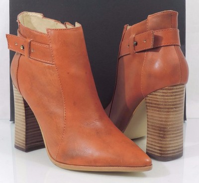 Steven Steve Madden Klick Leather Pointed-Toe Block Heel Booties Cognac Size 8.5