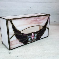 Vintage Stained Slag Glass Facial Tissue Box Cover Pink Purple Wings 9.5 x 5 x 3
