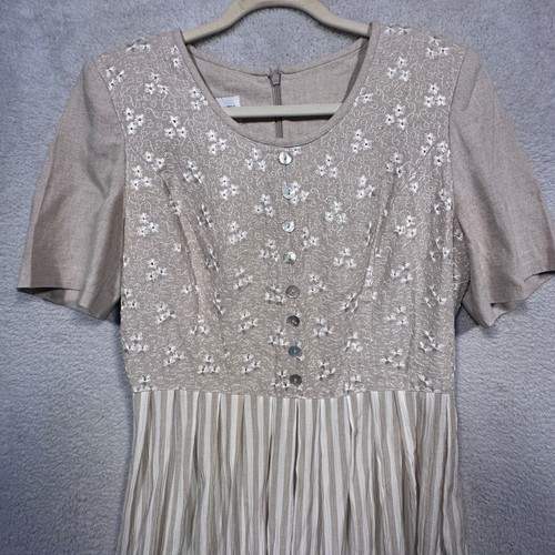 Vintage Plaza South Linen Blend Dress Floral Embroidered Striped Midi Women's 8 - Picture 5 of 11