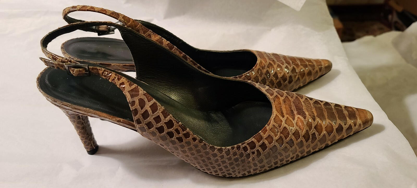 All leather buff goldwash python slingback pumps … - image 10