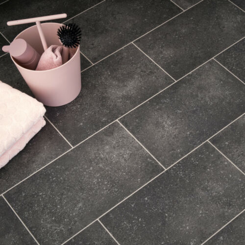 Dark Grey Stone Tile Effect Vinyl Flooring Lino Modern Kitchen Bathroom  Cheap | Ebay