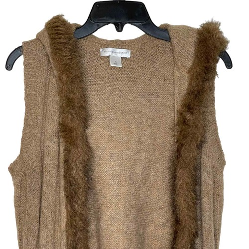 Christopher & Banks Open Hooded Brown Vest Fux Fur Trim Wool Blend Women Small - Picture 2 of 8